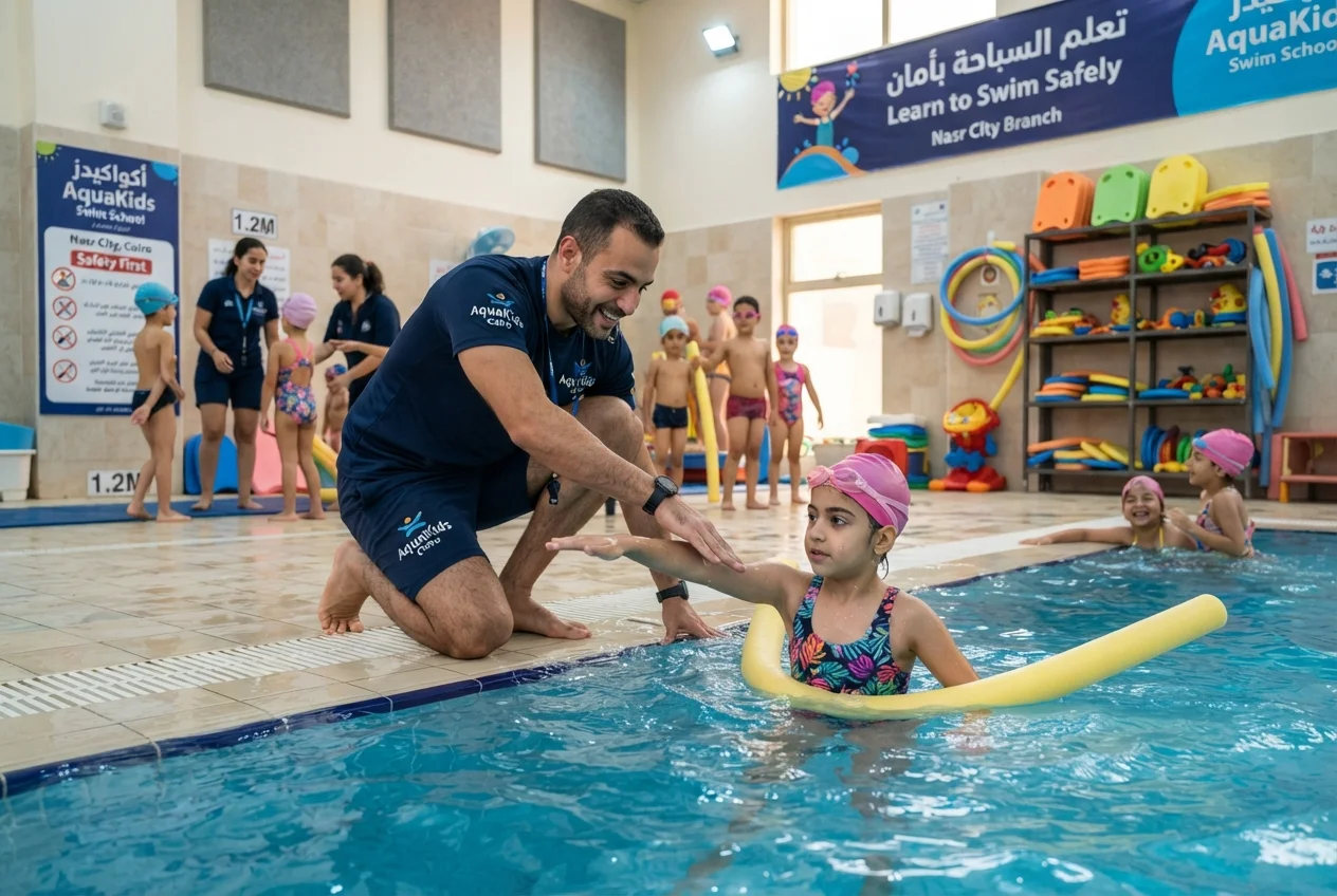مدرب سباحة يقوم بتصحيح تقنية السباح أثناء التمرين على حوض السباحة