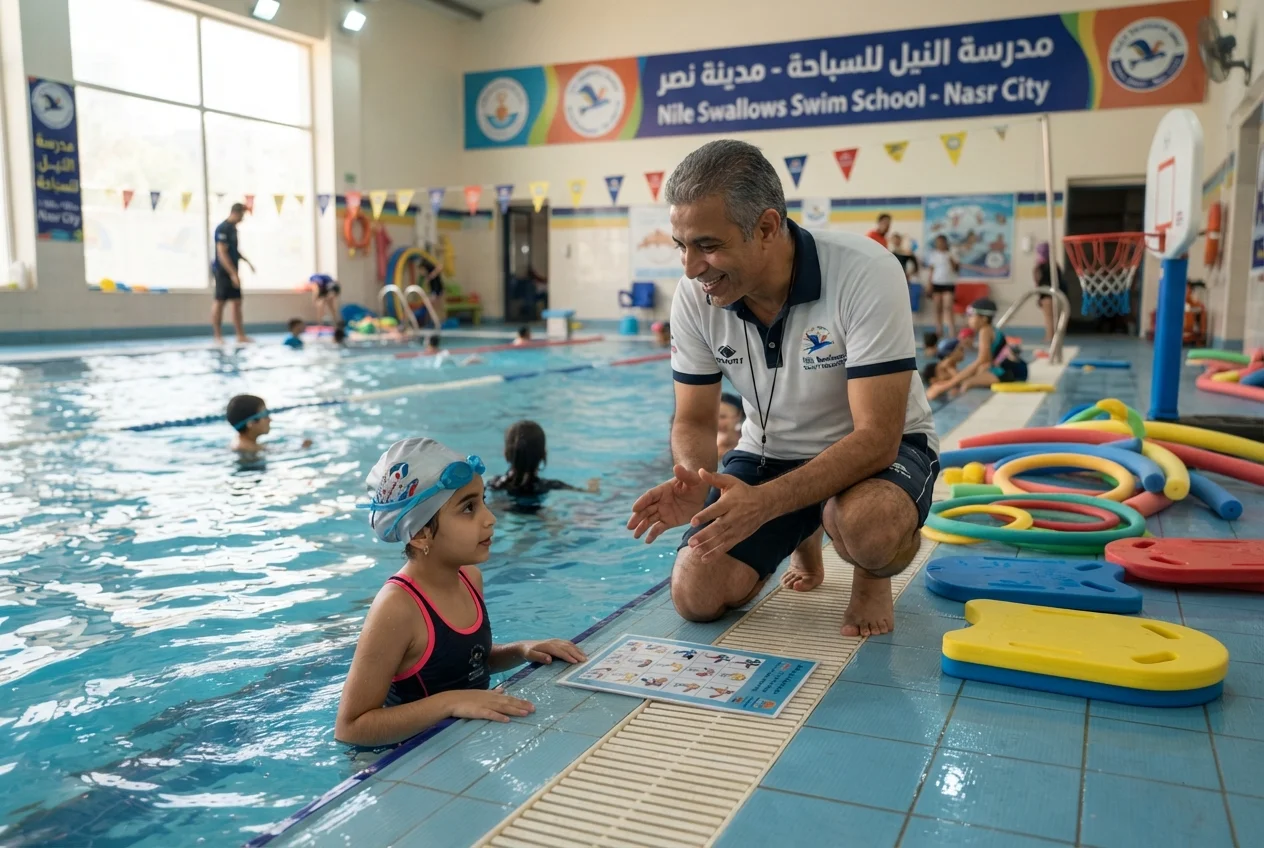 مدرب يشرح لأطفال خطة سباق على لوحة بجوار الحوض