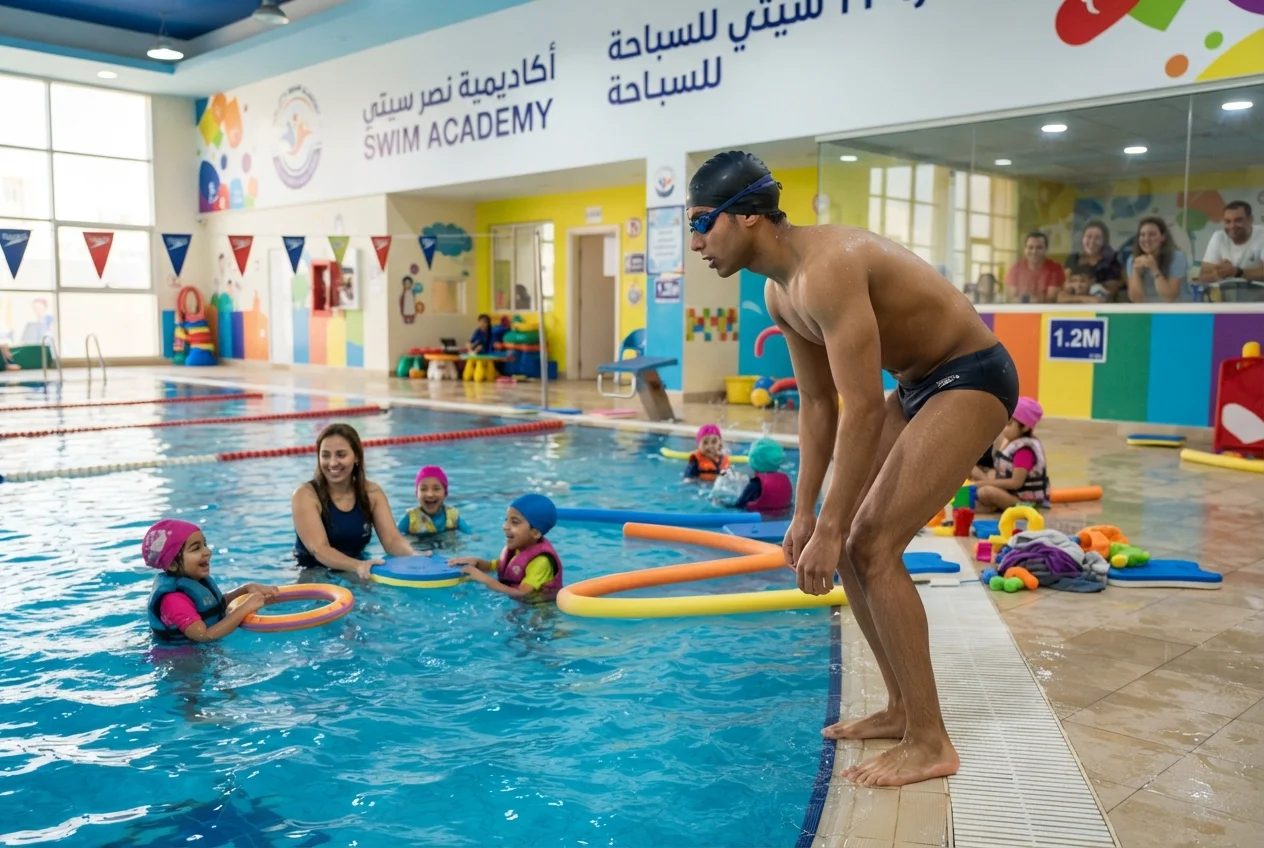طفل ناشئ يستعد للانطلاق من حائط الحوض في تدريب سرعة